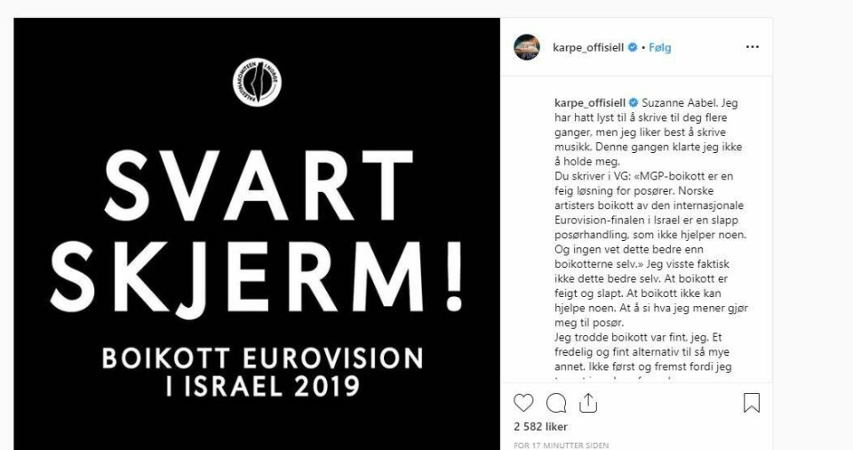 Karpe støtter Eurovision-boikott ###
