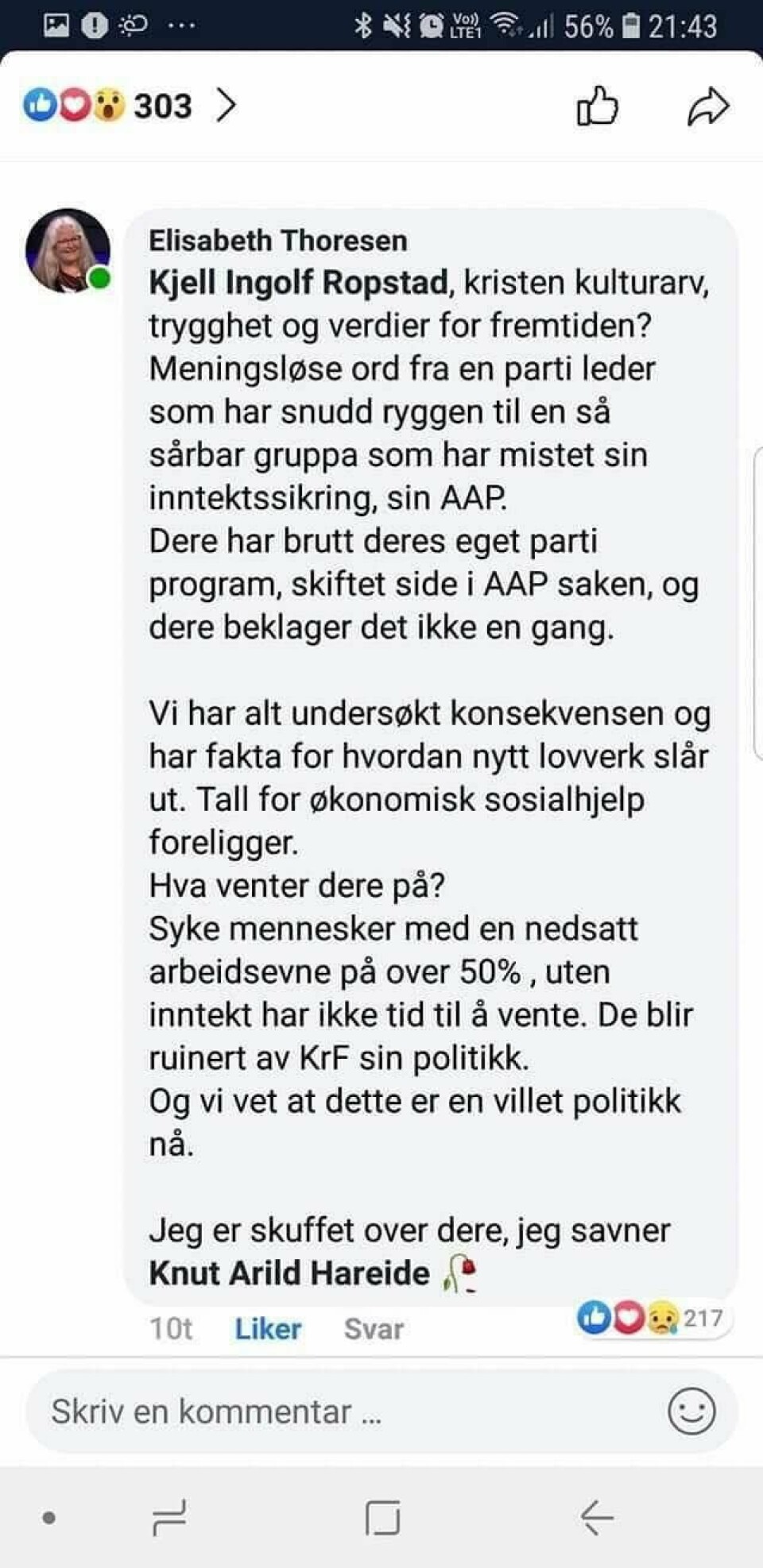 Elisabeth Thoresens Facebook-innlegg. Elisabeth Thoresens Facebook-innlegg.