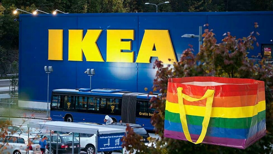 Ikeas regnbuebag (innfelt pressebilde fra Ikea) blir ikke å finne i Norge, som her på Slependen i Asker.