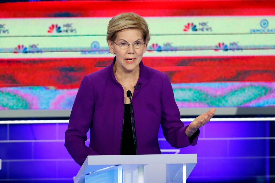 Democratic presidential candidate Sen. Elizabeth Warren, D-Mass., speaks during a Democratic primary debate hosted by NBC News at the Adrienne Arsht Center for the Performing Art, Wednesday, June 26, 2019, in Miami. (AP Photo/Wilfredo Lee) Democratic presidential candidate Sen. Elizabeth Warren, D-Mass., speaks during a Democratic primary debate hosted by NBC News at the Adrienne Arsht Center for the Performing Art, Wednesday, June 26, 2019, in Miami. (AP Photo/Wilfredo Lee)