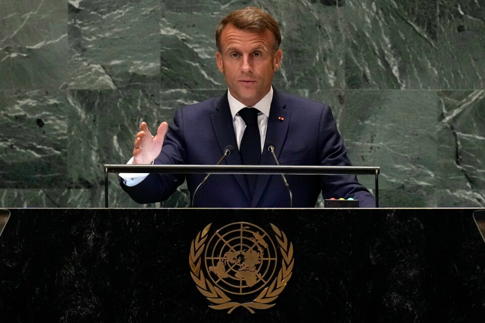Frankrikes president Emmanuel Macron fokuserte på Midtøsten og Ukraina i sin tale i FNs hovedforsamling onsdag. Frankrikes president Emmanuel Macron fokuserte på Midtøsten og Ukraina i sin tale i FNs hovedforsamling onsdag. Foto: Richard Drew / AP / NTB
