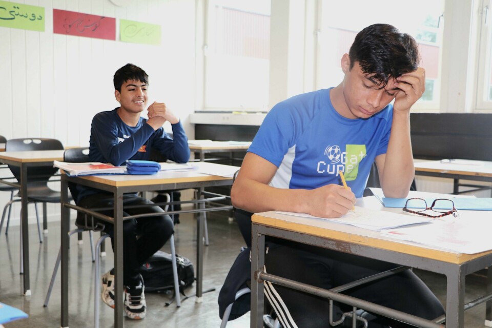 Hamid (14, bakerst) og Hussein (14, foran) liker seg i timene på Sola ungdomsskole, både når de er med sine egne klasser, og i innføringstimene. Foto: Erik Sergio Auklend.