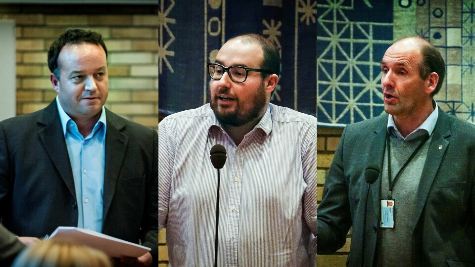 Frode Myrhol (FNB), Christian Wedler (Frp) og Bjarne Kvadsheim (Sp) snakket mest i Stavanger bystyre i 2017. Foto: Roy Storvik