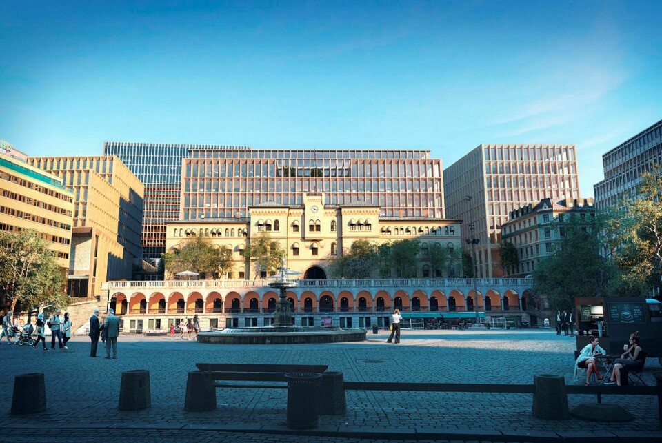 ruvende: Adapt fra Team Urbis er navnet på det nye regjeringskvartalet, her sett fra Youngstorget. Høyblokka, med et stort påbygg, ligger bak til venstre. FOTO: Statsbygg