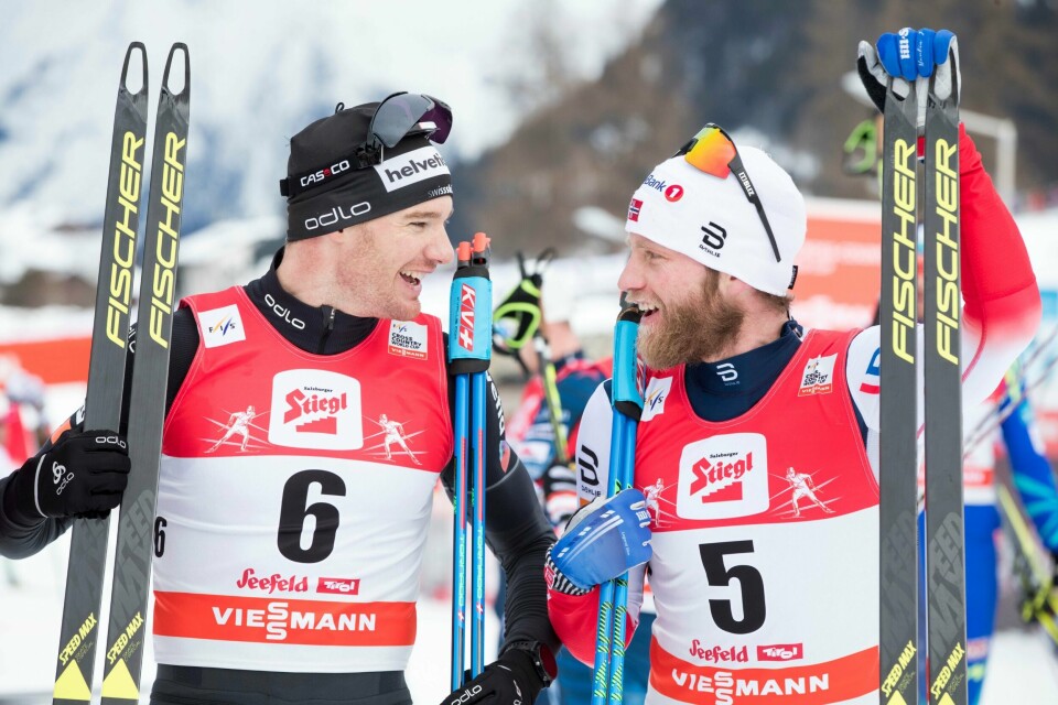 Dario Cologna og Martin Johnsrud Sundby hadde mye å snakke om etter søndagens 15km.