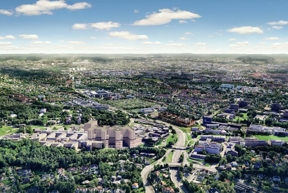 Slik er det nye Rikshospitalet tenkt plassert i terrenget på Gaustad i Oslo. Slik er det nye Rikshospitalet tenkt plassert i terrenget på Gaustad i Oslo.