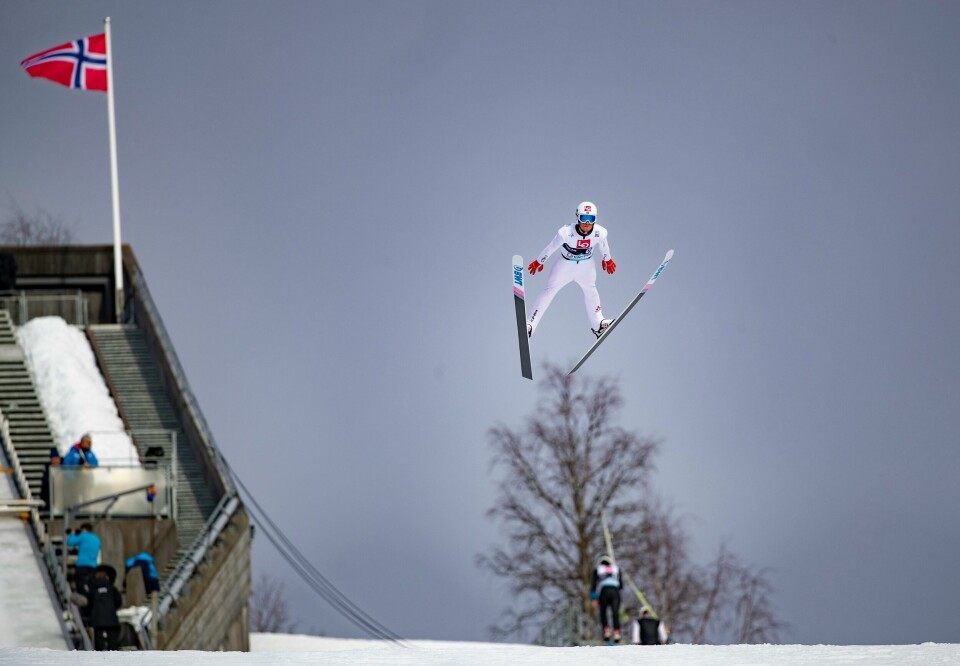 Hopprennene både i Lillehammer og Holmenkollen kan bli gjennomført. Lillehammer 20200309. Daniel-André Tande under prøvehoppet i Lysgårdsbakken på Lillehammer i forbindelse med verdenscuprennet i hopp under Raw Air. (Holmenkollrennet)Foto: Geir Olsen / NTB