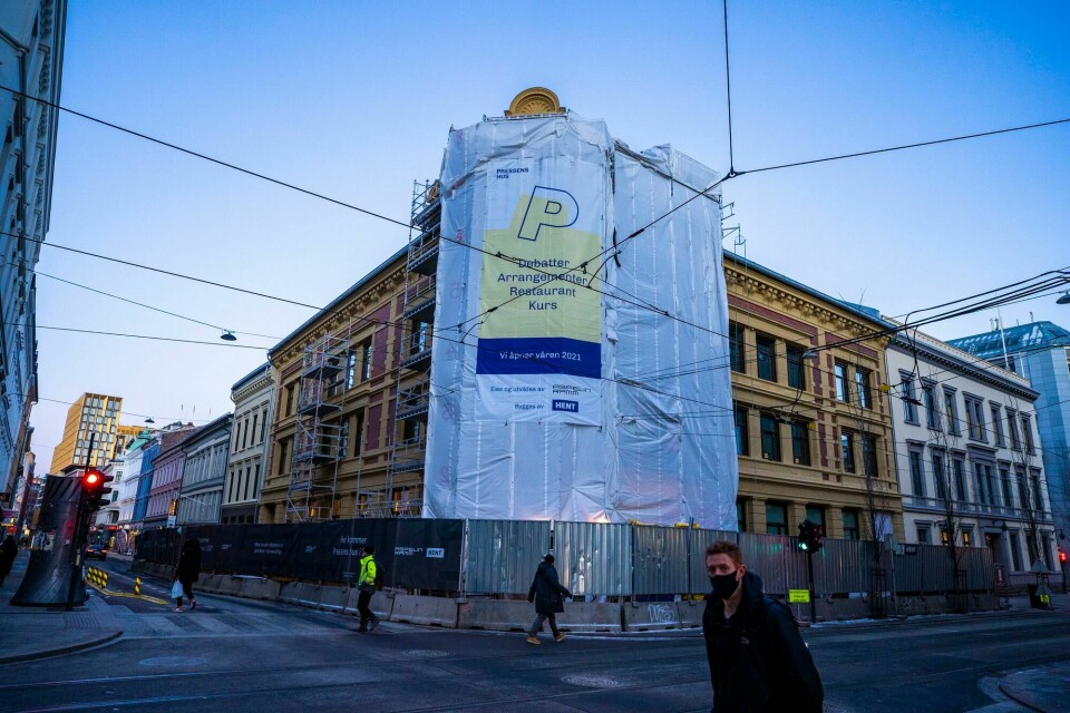 Et koronautbrudd har ført til bråstans i byggingen av Pressens hus i Oslo. Så langt er 34 personer bekreftet smittet og 146 satt i karantene. Oslo 20210127. Pressens hus er under oppføring i Skippergata i Oslo.Foto: Håkon Mosvold Larsen / NTB