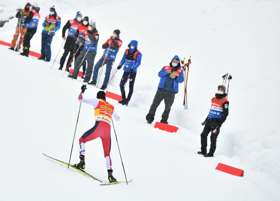 Jarl Magnus Riiber hadde full kontroll i lørdagens renn i Seefeld. Norway's Jarl Magnus Riiber competes during the Men's Gundersen Normal Hill 10km event of the FIS Nordic Combined World Cup in Seefeld, Austria, on January 30, 2021. (Photo by BARBARA GINDL / APA / AFP) / Austria OUT