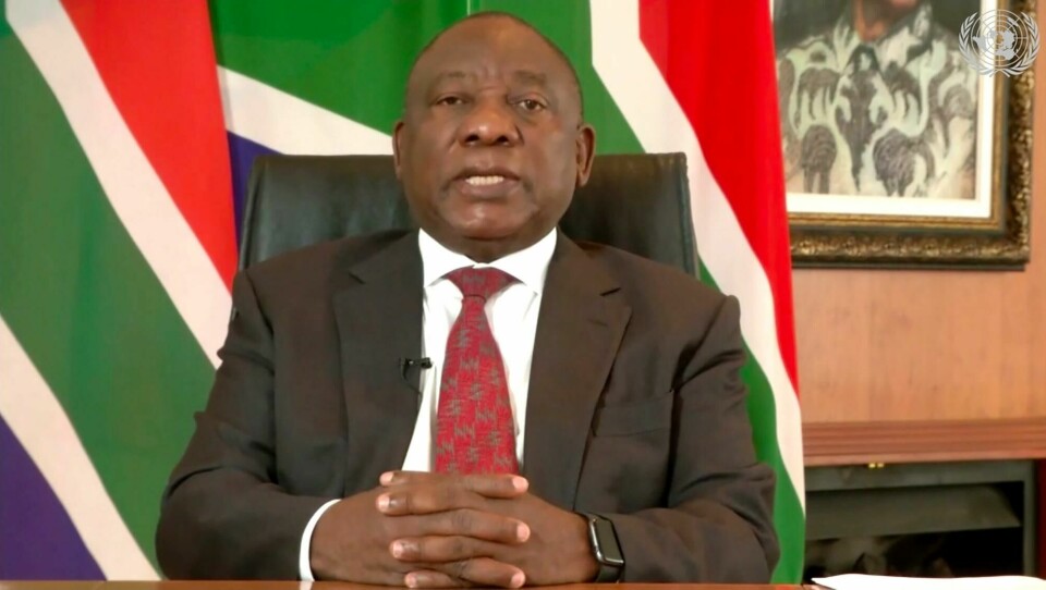 In this image made from UNTV video, Cyril Ramaphosa, President to South Africa, speaks in a pre-recorded message which was played during the U.N. General Assembly's special session to discuss the response to COVID-19 and the best path to recovery from the pandemic, Thursday, Dec. 3, 2020, at UN headquarters in New York. (UNTV via AP) In this image made from UNTV video, Cyril Ramaphosa, President to South Africa, speaks in a pre-recorded message which was played during the U.N. General Assembly's special session to discuss the response to COVID-19 and the best path to recovery from the pandemic, Thursday, Dec. 3, 2020, at UN headquarters in New York. (UNTV via AP)
