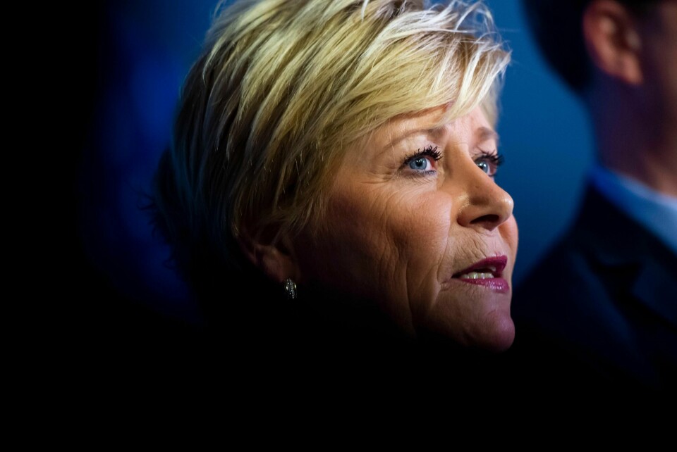 OSLO, NORGE 20200120. Frp-leder Siv Jensen forteller at partiet går ut av regjeringen på en pressekonferanse i partiets lokaler i Oslo mandag.Foto: Fredrik Varfjell / NTB