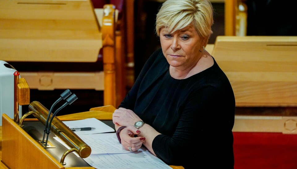 Siv Jensen og Fremskrittspartiet har fått regjeringen med på å innføre pensjon fra første krone, og at permitterte får feriepenger denne sommeren og neste. Foto: Håkon Mosvold Larsen/NTB