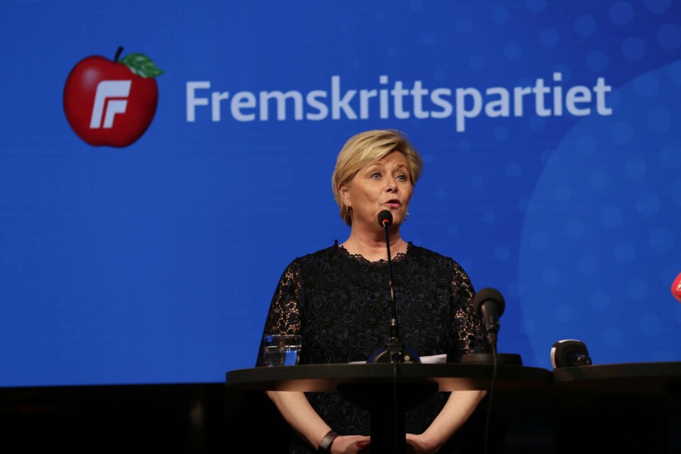 Fremskrittspartiets leder Siv Jensen under pressekonferansen der hun varslet sin avgang. Foto: Berit Roald / NTB
