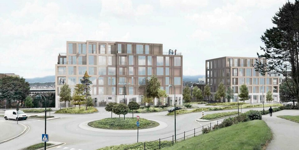 Sett fra Rudlåparken, med Shell-tomten til høyre. Planene behandles av politikerne torsdag. Illustrasjon: Henning Larsen Architects Sett fra Rudlåparken, med Shell-tomten til høyre. Planene behandles av politikerne torsdag. Illustrasjon: Henning Larsen Architects