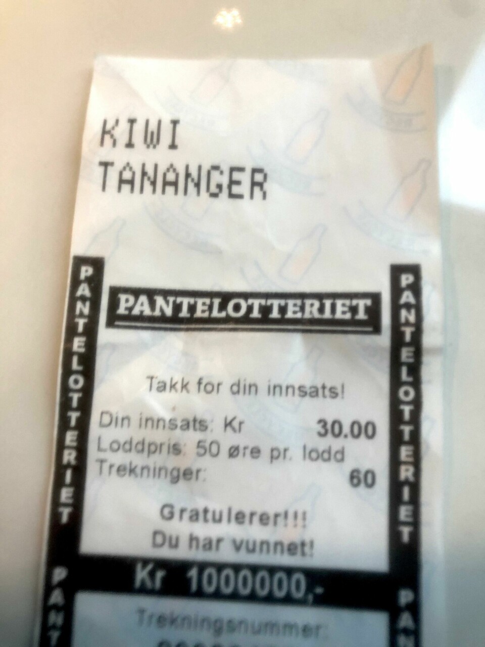Slik ser en pantelapp ut som er verdt én million kroner. Foto: Privat Slik ser en pantelapp ut som er verdt én million kroner. Foto: Privat