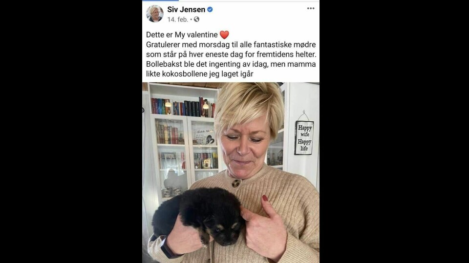 Skjermdump: Siv Jensens Facebook-side.