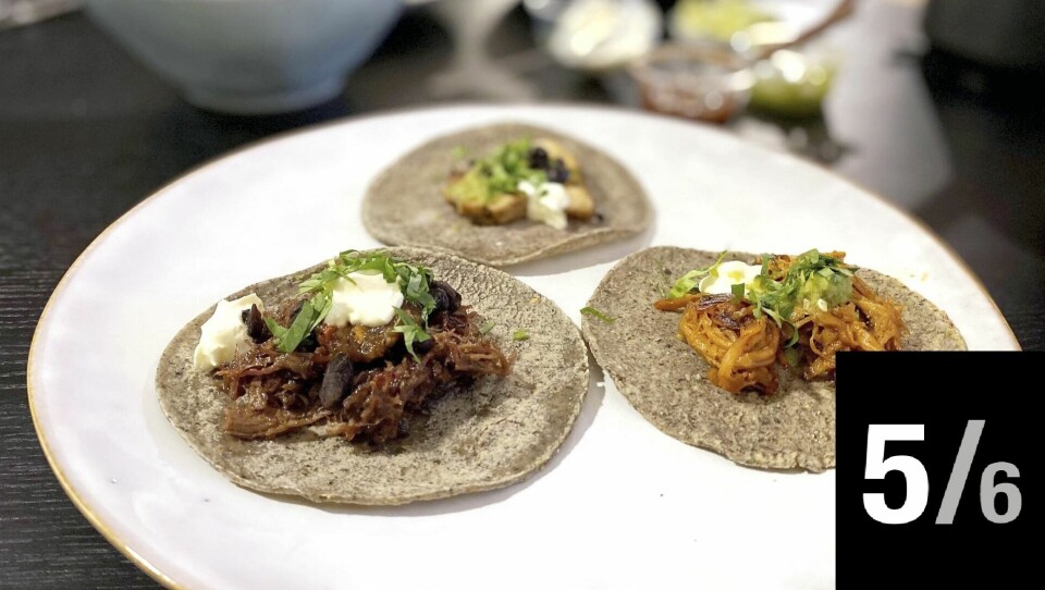 Til venstre ligger en tortilla med oksehale- og beinmargbarbacoa. Til høyre: cochinita pibil. Den bakerste retten er pollo al pastor. Til venstre ligger en tortilla med oksehale- og beinmargbarbacoa. Til høyre: cochinita pibil. Den bakerste retten er pollo al pastor.