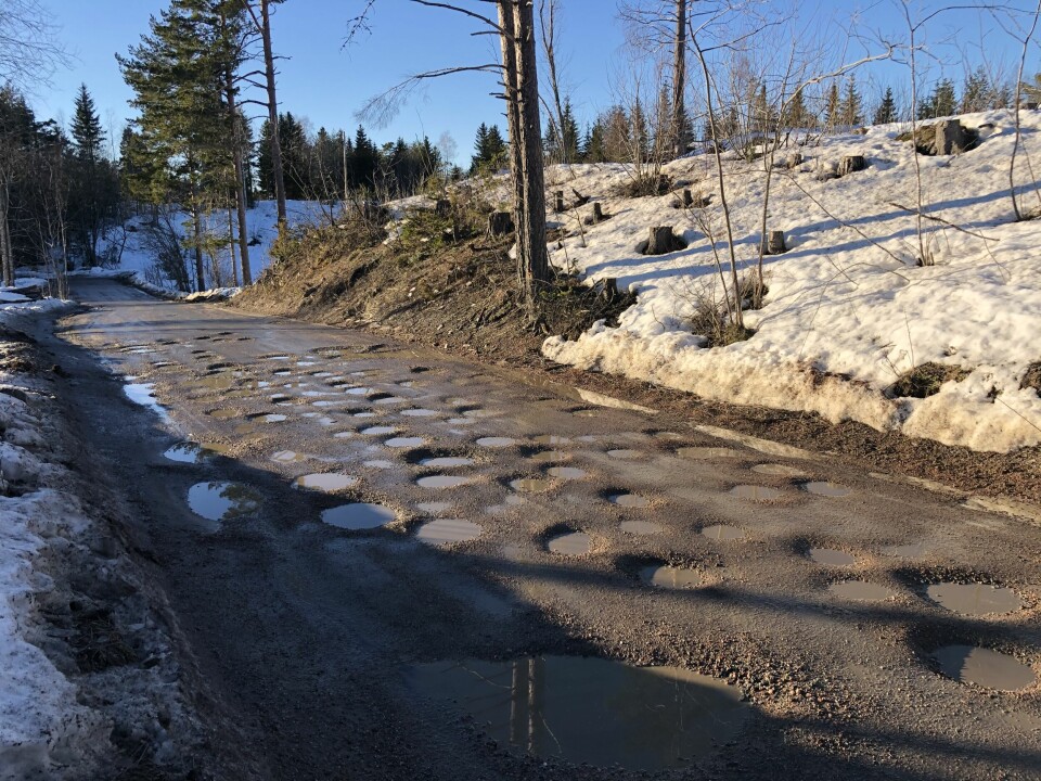Slik så Vikseterveien inn til parkeringa ved MIF-hytta på Mjøndalsskauen ut torsdag. Hullene i Vikseterveien er så mange og så dype at det er umulig å kjøre rundt dem.Foto: Harald Reitan