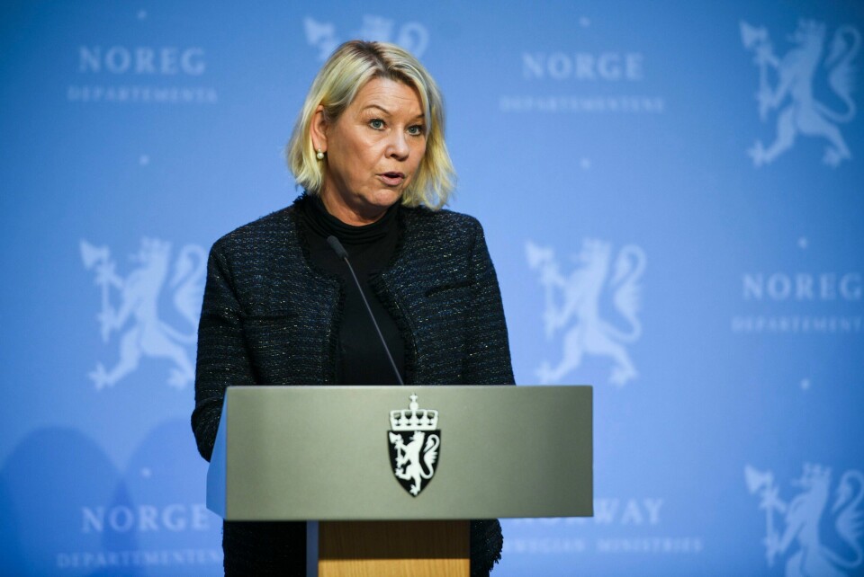 Justis- og beredskapsminister Monica Mæland (H). Pressekonferansen finner sted i Marmorhallen i Oslo.