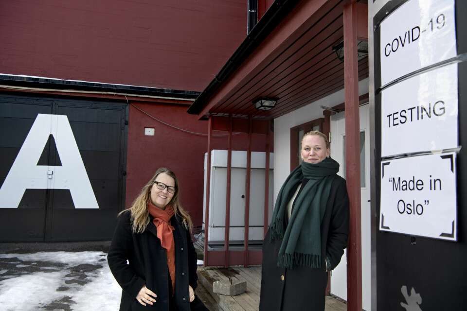 Nina B. A. Figenschow og Ingunn Sundelin. Produsenter i Tordenfilm. Spiller inn dramaserien 'Made in Oslo' under strengt smittevern, i Filmparken på Jar. Filmparken på Jar.