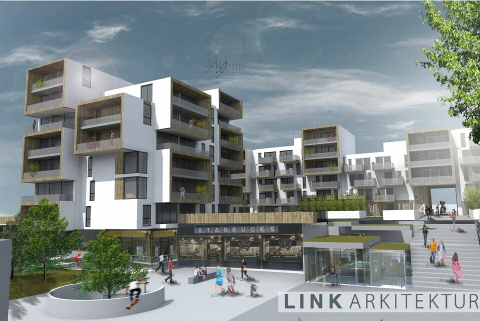 Byggeplanene på tomten til Kvernhuset og Kverntorget har versert lenge. Slik så Link Arkitektur for seg en løsning i 2016. Skisse, d