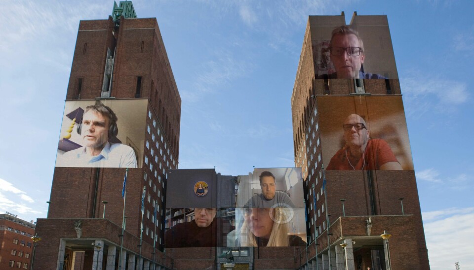 I Oslo rådhus jobber vanligvis hundrevis av folk. I dag styres hovedstaden fra hjemmekontor. Til venstre: Finansbyråd Einar Wilhelmsen (MDG). Til høyre er Øystein Sundelin (Høyre) over Frode Jacobsen (Arbeiderpartiet). Nederst er arbeidsutvalgsmøtet i kultur- og utdanningskomiteen i full gang, med Kamzy Gunaratnam (Ap, i det lille ikonet), Espen Andreas Hasle (KrF), Bjørn Revil (FNB) og Eivor Evenrud (Rødt). FOR ORDENS SKYLD: BILDET ER MANIPULERT!
