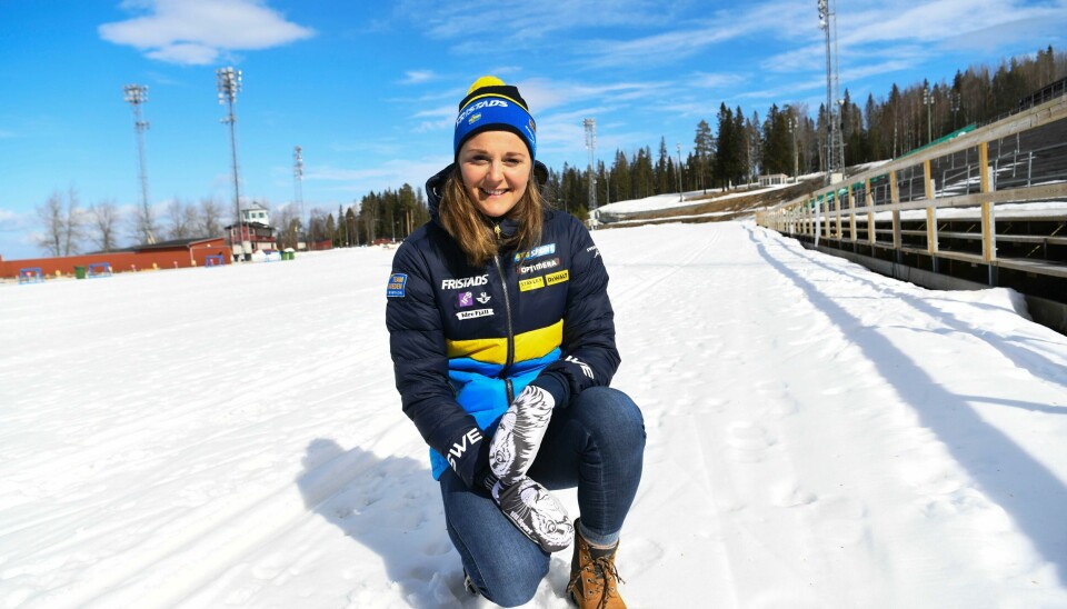 Stina Nilsson fotografert under pressetreffet med Sveriges skiskytterlandslag på Skiskytingsstadion i Östersund tirsdag.