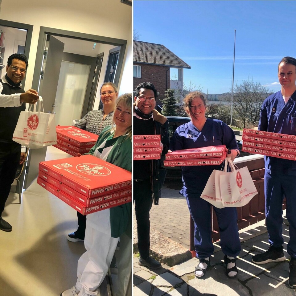 Sunil spanderte pizza på helsearbeidere ###