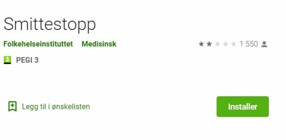 Blant android-brukere har Smittestopp-appen et snitt på to av fem stjerner.