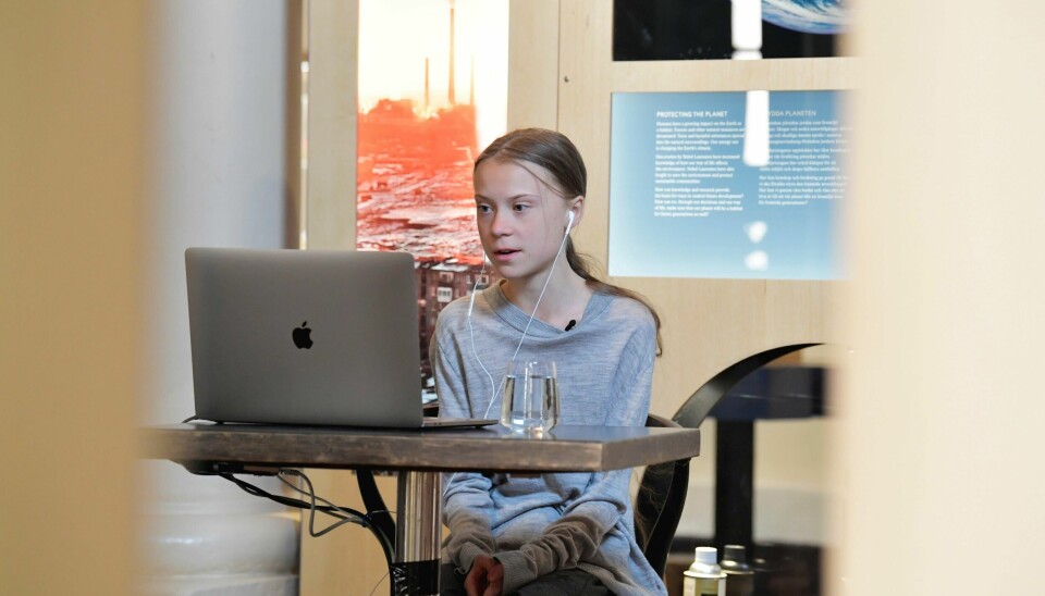 Klimaaktivist Greta Thunberg under en nettbasert debatt onsdag. Foto: Jessica Gow /TT News Agency via AP / NTB scanpix