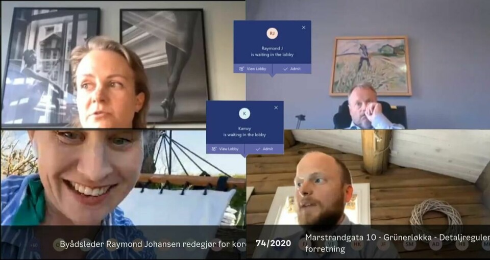 Bystyremøte på Teams. fra øverst til venstre: Julianne Ferskaug fra Venstre, Raymond Johansen fra Ap, Rina Mariann Hansen fra Ap og Haakon Riekeles fra Venstre. FOR ORDENS SKYLD: Bildet er satt sammen av flere skjermbilder. Det var aldri FULLT så gøy samtidig. Bystyremøte på Teams. fra øverst til venstre: Julianne Ferskaug fra Venstre, Raymond Johansen fra Ap, Rina Mariann Hansen fra Ap og Haakon Riekeles fra Venstre. FOR ORDENS SKYLD: Bildet er satt sammen av flere skjermbilder. Det var aldri FULLT så gøy samtidig.