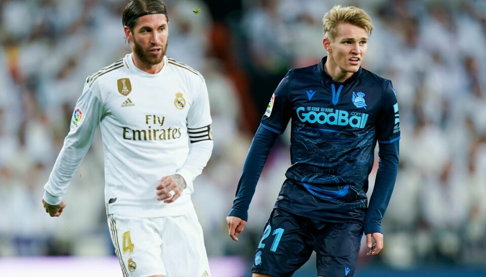 Martin Ødegaard i aksjon for Real Sociedad under storkampen mot Real Madrid på Santiago Bernabéu i Madrid. Ødegaard, som er utlånt til Real Sociedad fra Real Madrid, spilte hele kampen mellom de to spanske La Liga klubbene. Kampen endte 3-1 til Real Madrid. Foto: Heiko Junge / NTB scanpix