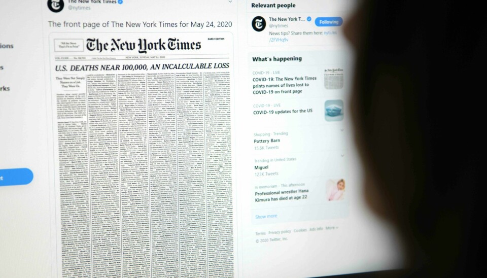 Forsiden til New York Times den 24.mai 2020 utgjør navn og historier fra 1000 ofre for koronapandemien. Landet nærmer seg 100.000 omkomne som følge av Covid-19 viruset.