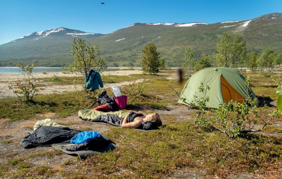 Det er ikke sikkert nordmenn legger igjen like mye penger på norgesferien i sommer som de ville gjort på utenlandstur. Her camper en ung mann ved Gjevillvatnet i Oppdal – et rimelig overnattingsalternativ.