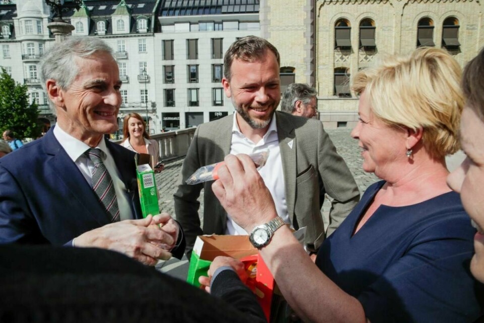 Jonas Gahr Støre (Ap), Audun Lysbakken (Sv), Siv Jensen (Frp) etter at Stortinget har behandlet endringer i bioteknologiloven tirsdag.