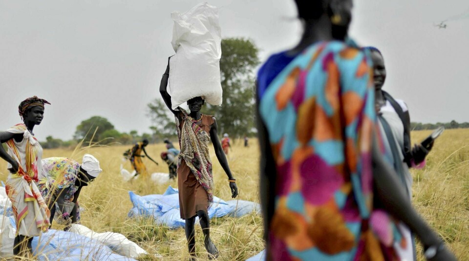 Norge hadde en sentral rolle i opprettelsen av verdens yngste land, Sør-Sudan, men fulgte ikke tilstrekkelig opp etterpå, mener kronikkforfatteren. Resultatet har vært konflikt og fattigdom. Her samler landsbybeboere sekker med korn som Verdens matvareprogram har sluppet fra et fly i februar i år. Foto: Tony Karumba/NTB scanpix