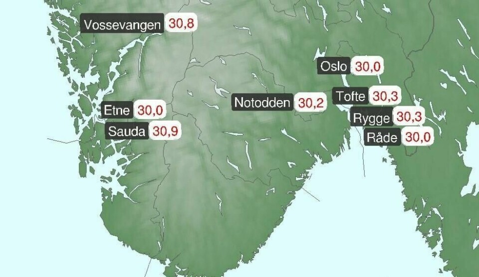 Flere steder i landet opplevde såkalte tropedag, der det er over 30 grader varmt, på tirsdag.