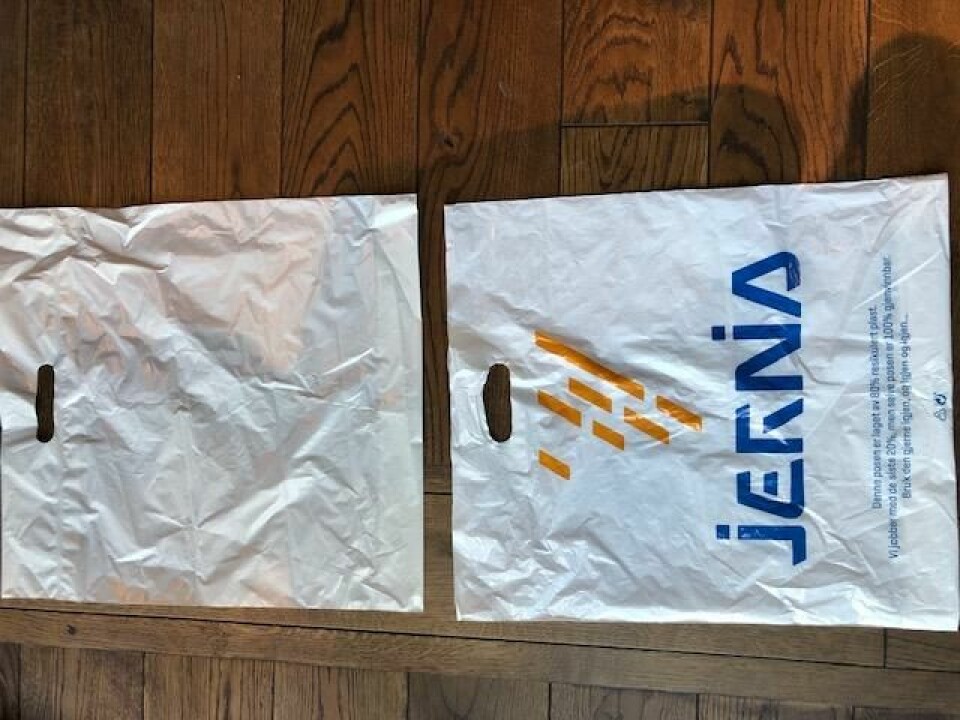 Slik ser dagens Jernia-pose ut, og prototypen til den nye og mer miljøvennlige posen. Slik ser dagens Jernia-pose ut, og prototypen til den nye og mer miljøvennlige posen.
