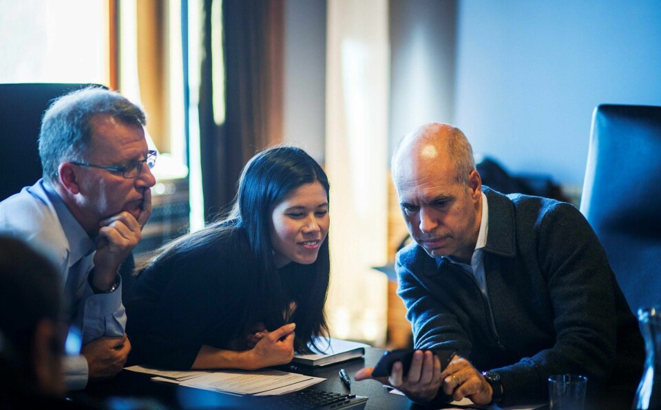 God Stemning: Finansbyråd Robert Steen og miljø- og samferdselsbyråd Lan Marie Berg sammen med Buenos Aires-ordfører Rodriguez Larreta.