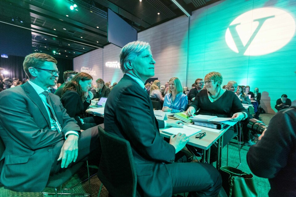 Venstres leder Trine Skei Grande på Venstres landsmøte fredag. På bildet Venstres leder Trine Skei Grande (t.h) ,Ola Elvestuen, nestleder, og Terje Breivik , nestleder.
