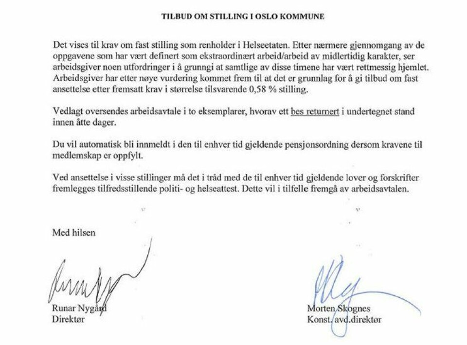 Brevet fra Oslo kommune med tilbud om fast stilling. Brevet fra Oslo kommune med tilbud om fast stilling.