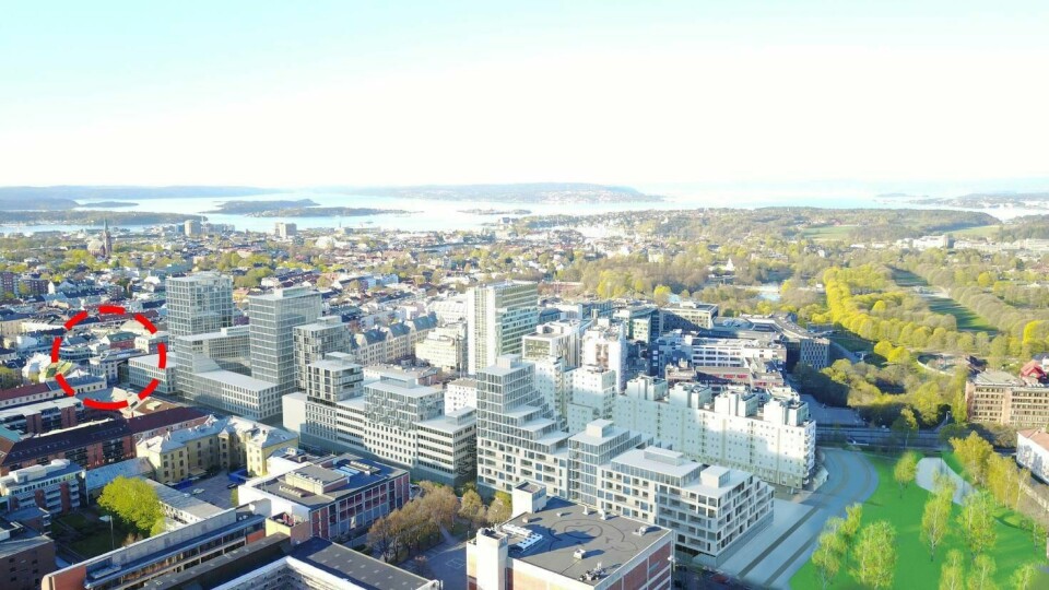 Illustrasjonen viser hvordadn Majorstua kan ble seende ut dersom T-banestasjonen legges under lokk - den røde ringen viser området der dagens T-banneinngang ligger.