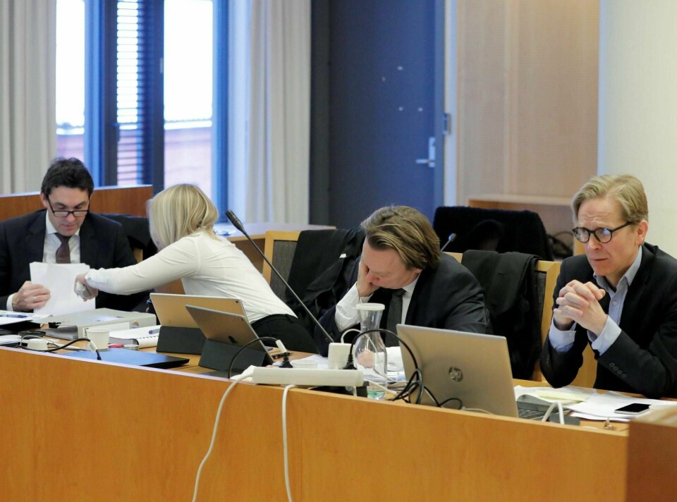 I RETTEN: Advokatene Eirik Edvardsen (f.v), Stina Eriksson, Arne Torsten Andersen og konsernsjef for Aleris, Pål Christian Stange under Aleris-sakens fjerde dag. FOTO: FREDRIK HAGEN/NTB SCANPIX