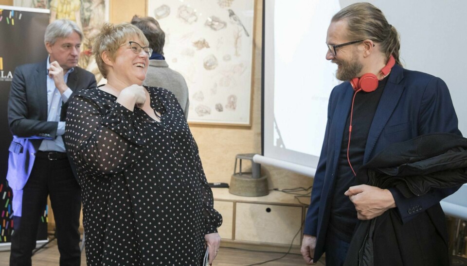 Kulturminister Trine Skei Grande sammen med Aslak Sira Myhre under et pressemøte om bokmessen i Frankfurt. FOTO: BERIT ROALD/NTB SCANPIX