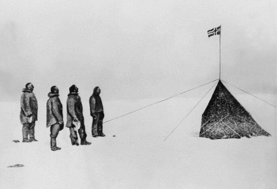 Dette e kanskje Norges mest berømte fotografi – i hvert fall uden kongelige te stede. Gutta boys e komt fram til jordens sydligste punkt, og me ser fra venstre: Roald Amundsen, Helmer Hanssen, Sverre Hassel og Oscar Wisting. Fotograf va Olav Bjaaland. På basen Framheim va Hjalmar Johansen, Kristian Presterud, kokken Henrik Lindstrøm (han med biff à la Lindstrøm) og snekker Jørgen Stubberud.