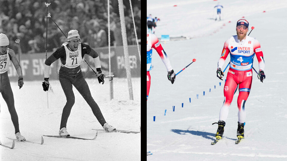 Til høyre: Oddvar Brå går inn til seier på 15 kilometer klassisk under VM i Oslo i 1982. Det er Norges siste VM-gull på øvelsen. Til venstre: Martin Johnsrud Sundby går inn til tredjeplass på 30-kilometeren i VM i Seefeld sist lørdag. Til høyre: Oddvar Brå går inn til seier på 15 kilometer klassisk under VM i Oslo i 1982. Det er Norges siste VM-gull på øvelsen. Til venstre: Martin Johnsrud Sundby går inn til tredjeplass på 30-kilometeren i VM i Seefeld sist lørdag.