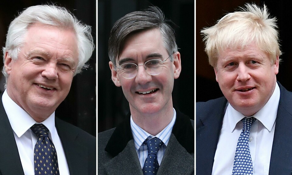 A combination of picture created in London on November 25, 2018 shows Jacob Rees-Mogg (C), chair of the Euro-sceptic European Research Group (ERG), and former prominent cabinet ministers David Davis (L) and Boris Johnson (R) who support the ERG's vociferous opposition to prime minister Theresa May's Brexit withdrawl deal, all pictured in Downing Street in London. - The Brexit deal agreed by EU leaders on November 25, 2018 now faces the daunting task of approval in the British parliament, where it faces stiff opposition from all sides. The European Research Group is an alliance of hardline pro-Brexit Conservatives vociferously opposed to the deal. (Photo by Daniel LEAL-OLIVAS and Ben STANSALL / AFP) A combination of picture created in London on November 25, 2018 shows Jacob Rees-Mogg (C), chair of the Euro-sceptic European Research Group (ERG), and former prominent cabinet ministers David Davis (L) and Boris Johnson (R) who support the ERG's vociferous opposition to prime minister Theresa May's Brexit withdrawl deal, all pictured in Downing Street in London. - The Brexit deal agreed by EU leaders on November 25, 2018 now faces the daunting task of approval in the British parliament, where it faces stiff opposition from all sides. The European Research Group is an alliance of hardline pro-Brexit Conservatives vociferously opposed to the deal. (Photo by Daniel LEAL-OLIVAS and Ben STANSALL / AFP)