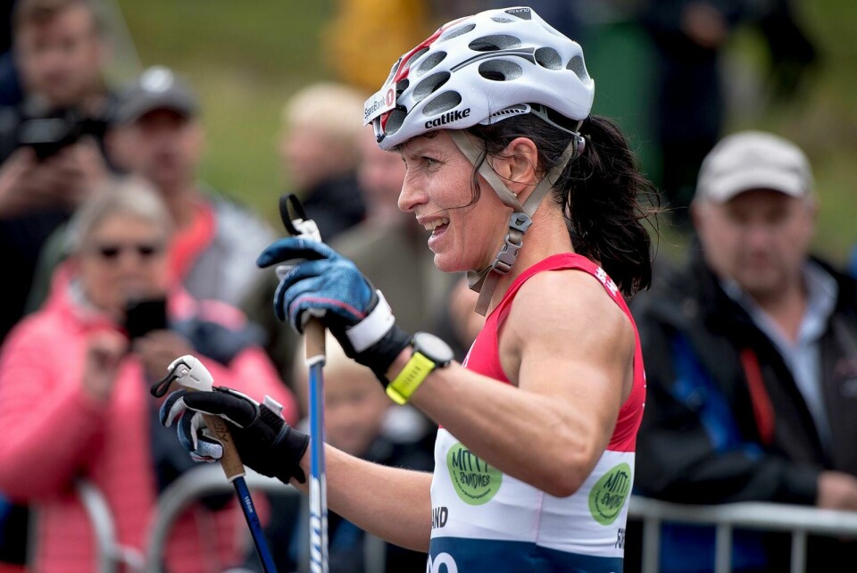 Marit Bjørgen vant den 10 kilometer lange fellesstarten på rulleski under Blinkfestivalen i Sandnes. Foto: Carina Johansen / NTB scanpix