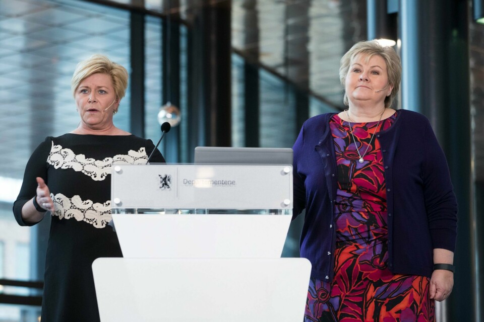 Statsminister Erna Solberg (H) og finansminister Siv Jensen (Frp). Foto: Håkon Mosvold Larsen / NTB scanpix