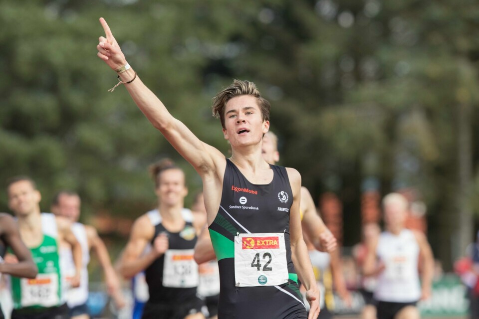 Jakob Ingebrigtsen løp inn til sitt tredje gull på 1500 meter i NM. 16-åringen tok også bronse på 800 meter i årets NM for seniorer som gikk av stabelen i Sandnes. Foto: Vidar Ruud / NTB scanpix